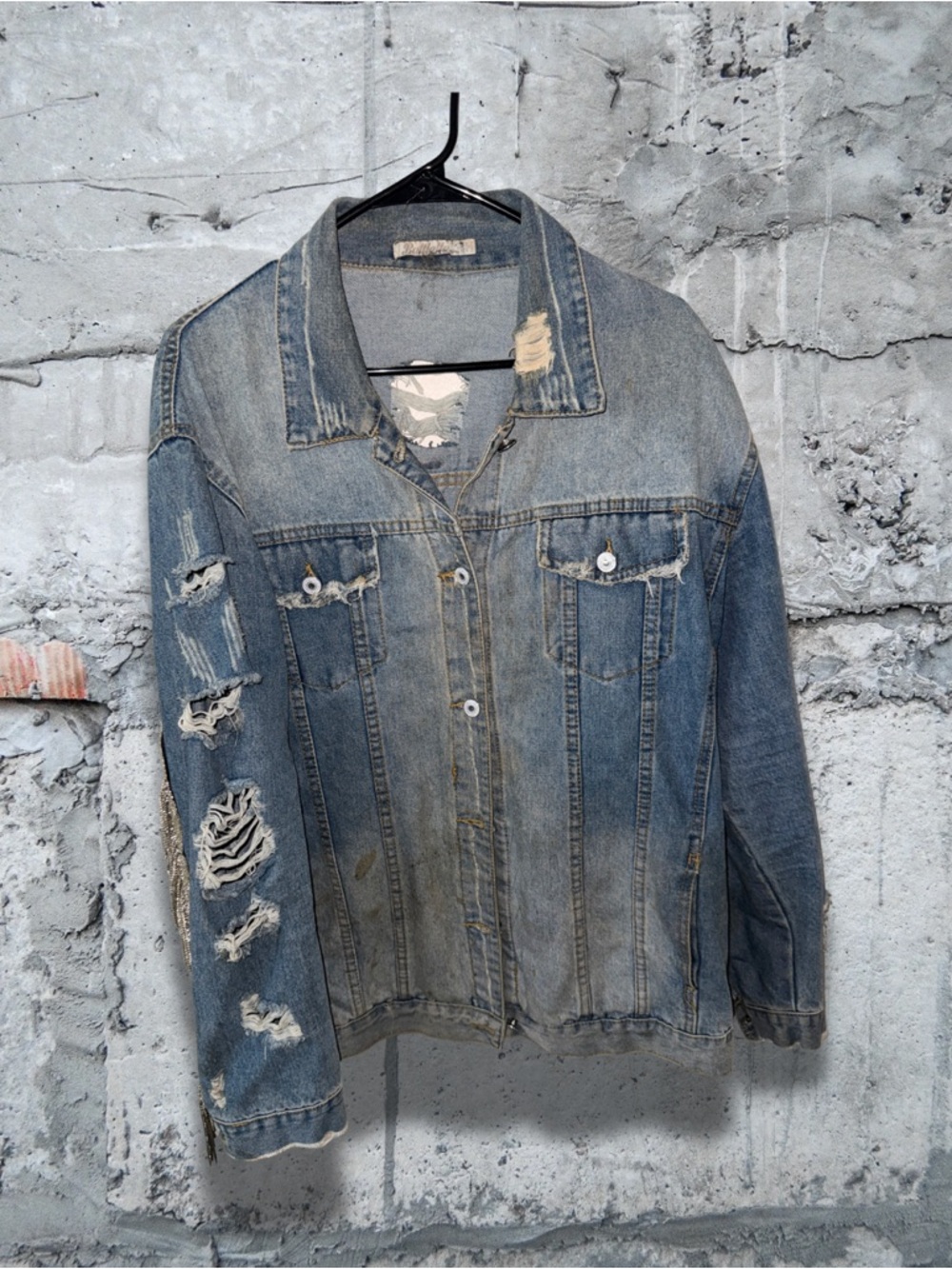 Distressed Denim Jacket With Rhinestone Fringe